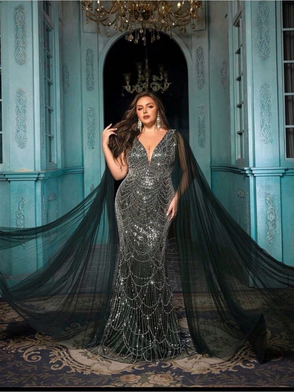 Elegant Black Sequin Evening Gown with Sheer Cape
